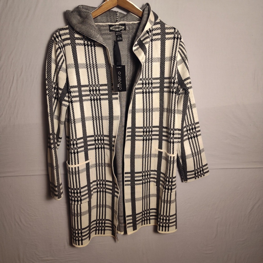 Oliver.o Womens Black White Plaid Hooded Open Front Longline Cardigan Sweater L